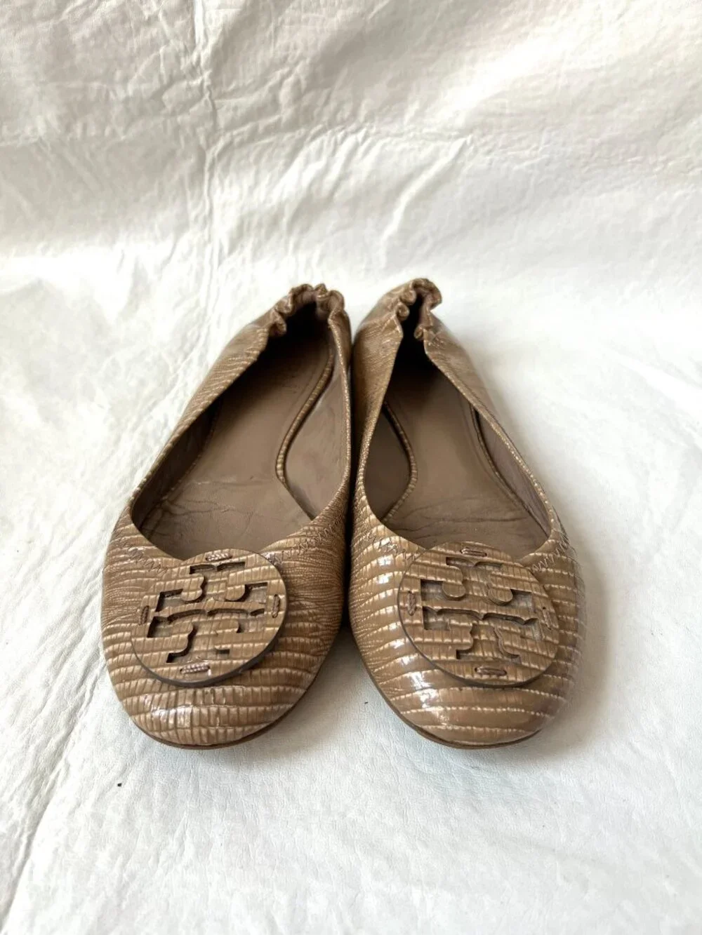 Tory Burch ballet flats womens 9 tan brown leather lizard print slip on shoes
